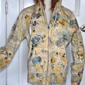 Rare Vintage Y2K Lucky Brand Heavy Embroidered Crane Parasols Boho Zip Hoodie L